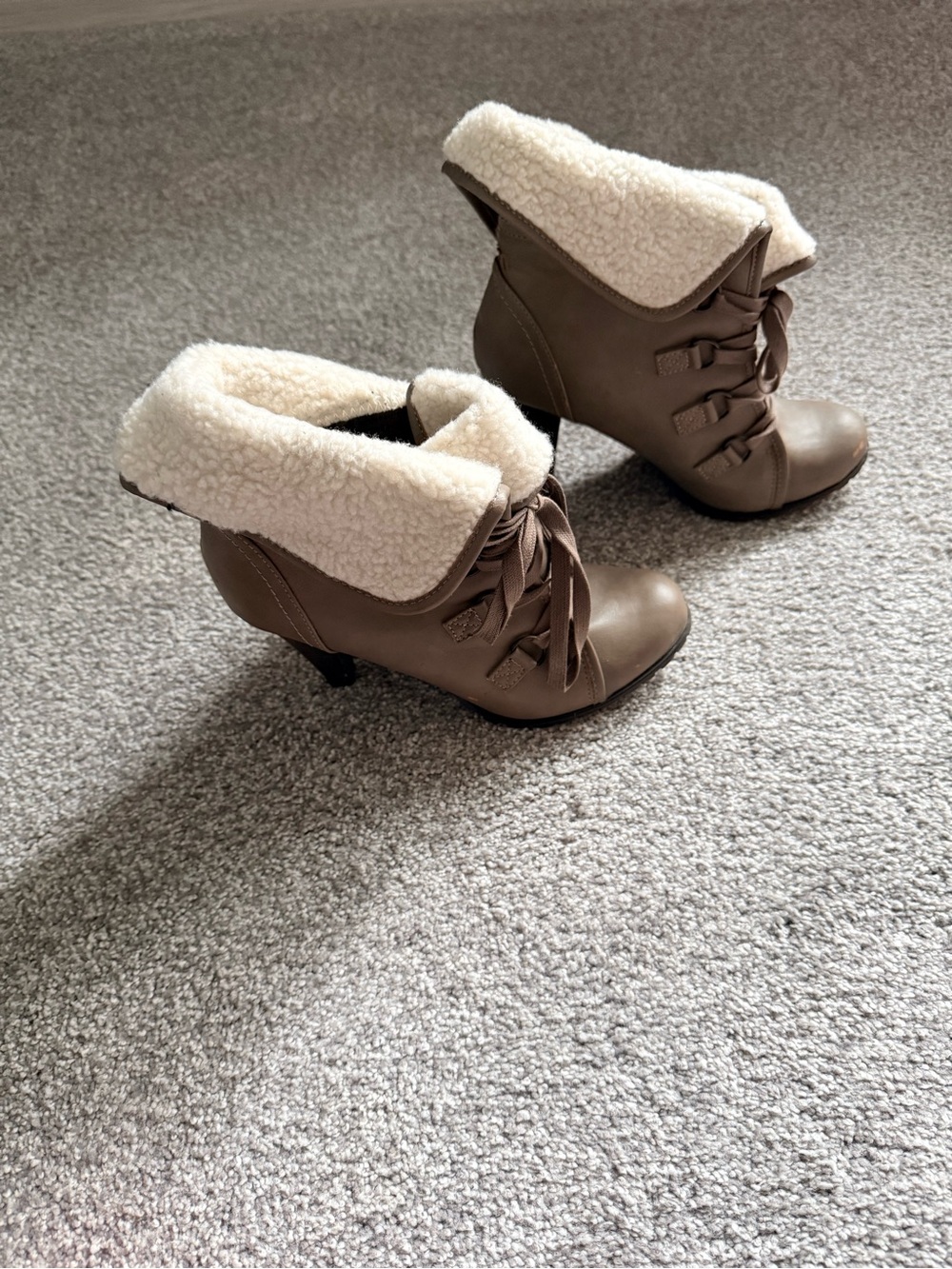 Taupe Sherpa Cuff Lace Up Heeled Ankle Boots